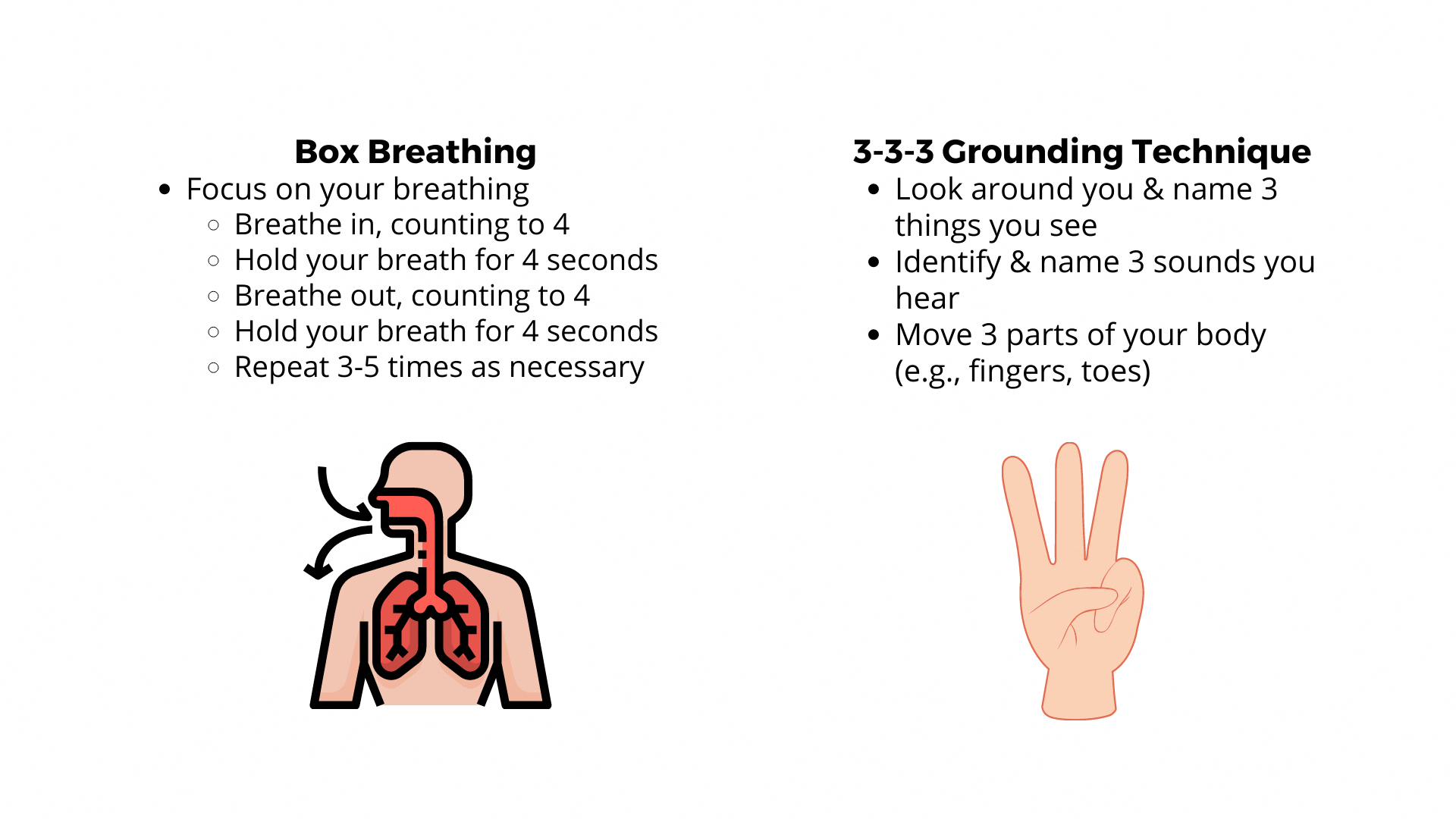 Illustrations showing steps for Box Breathing and 3-3-3 Grounding Technique.